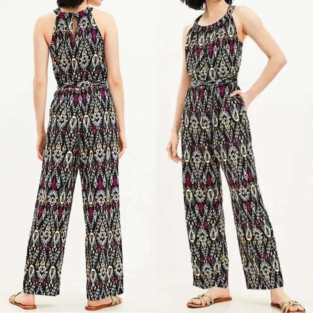 Loft Jumpsuit Womens Small Black Geometric Linen Blend Sleeveless Halter Belted